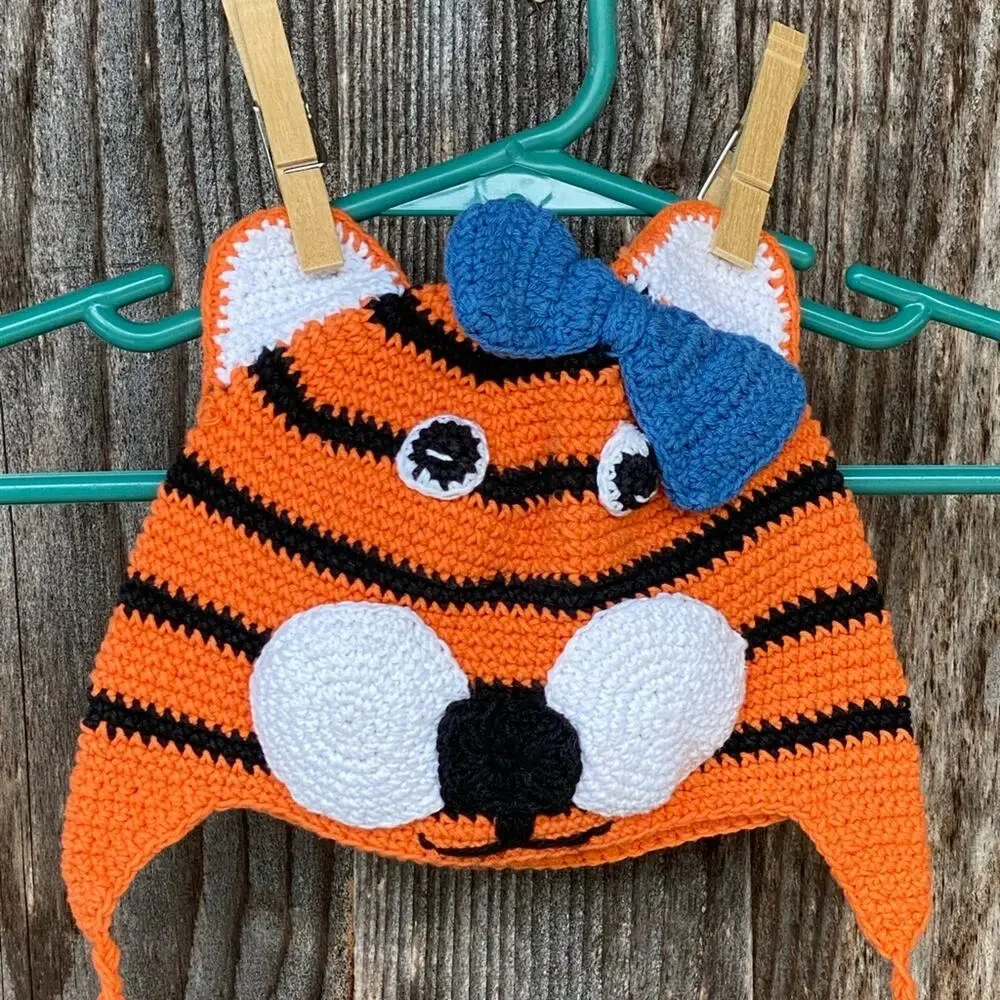 CUTE Orange Crochet Tiger‎ Face Infant Hat Ties